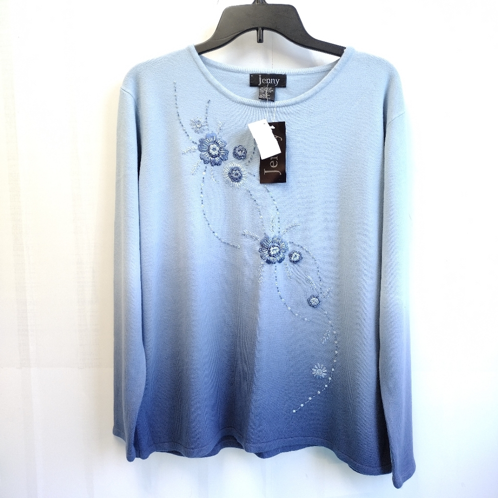 NWT JENNY Knit Pullover Sweater Embroidered / Sequins Floral XL